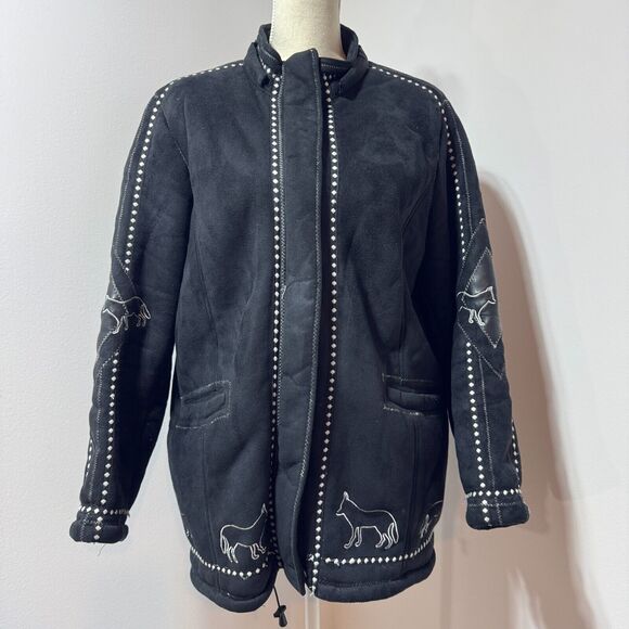 Ameri Mode Suede Jacket Wolf Embroidered Native Parka Coat Size Large Black - Picture 1 of 10